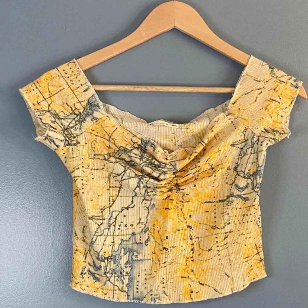 Urban Outfitters ribbed off shoulder map print crop top ruched bust bow tie S